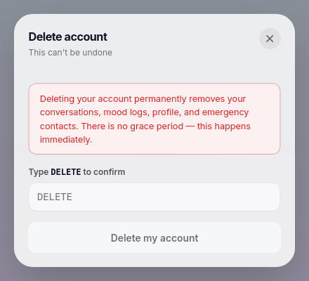 The Delete account confirmation dialog, with a field to type DELETE and a Delete my account button